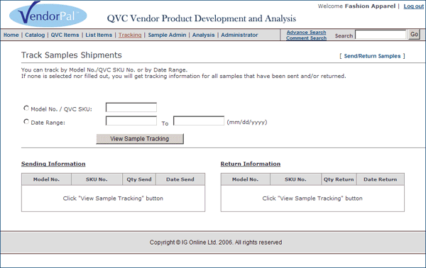 VendorPal Sample Tracking Page